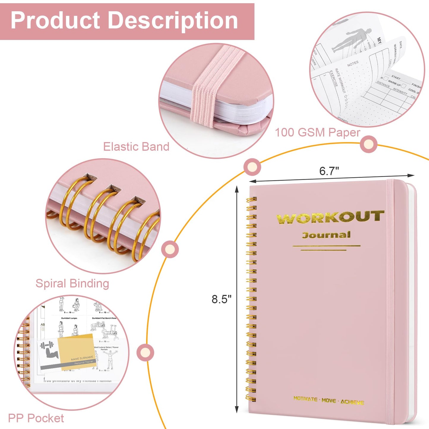 Guirnd Undated Fitness Workout Journal for Men & Women, A5(8.5" x 6.7") Fitness Journal Workout Planner, Workout Log Book Planner for Tracking, Motivating, and Achieving Your Fitness Goals - Pink