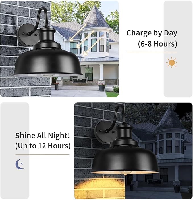 Solar Barn Lights for Outside, Gooseneck Outdoor Wall Lights Solar Powered, Farmhouse Exterior Wall Sconces, Industrial Exterior Lighting Fixture, Rustic Lantern for Garage, Barn, Shed,RZSR007-2