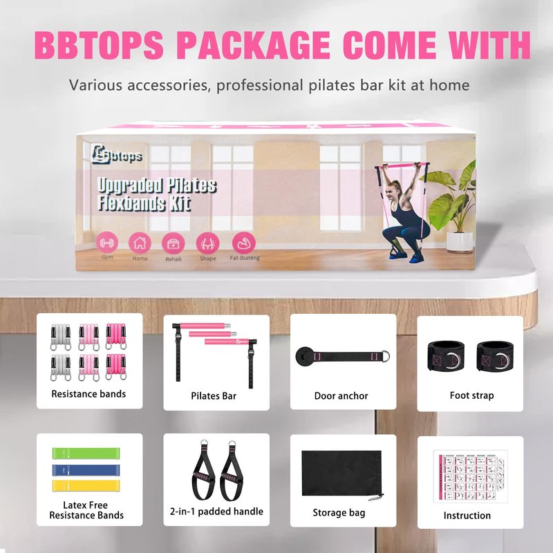 Bbtops Pilates Bar Kit with Resistance Bands,Pilates Bar with Stackable Bands Workout Equipment for Legs,Hip,Waist and Arm,Exercise Fitness Equipment for Women & Men Home Gym Yoga Pilates
