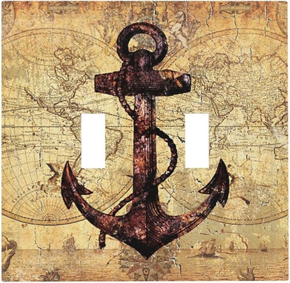Anchor Nautical Vintage Map 2 Gang Light Switch Plate Cover Double Toggle Wall Plate Decorative Switchplate Electrical Faceplate for Office Livingroom Home Decor