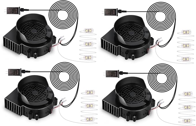 4-Pack Inflatable Fan Replacement, 0.8A Air Fan Blower with 1.0A Adapter and 3 LEDs Bulbs Light Strings for Halloween, Thanksgiving and Christmas Inflatables (IP68 Waterproof, 3.8 * 3.8'')