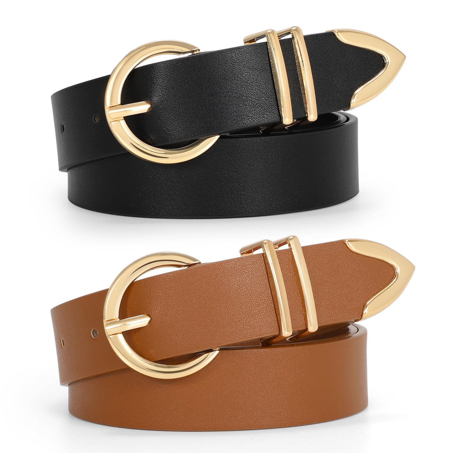 VONMELLI 2 Pack Women's Leather Belts for Jeans Pants Fashion Gold Buckle Ladies Belt Black Brown, M