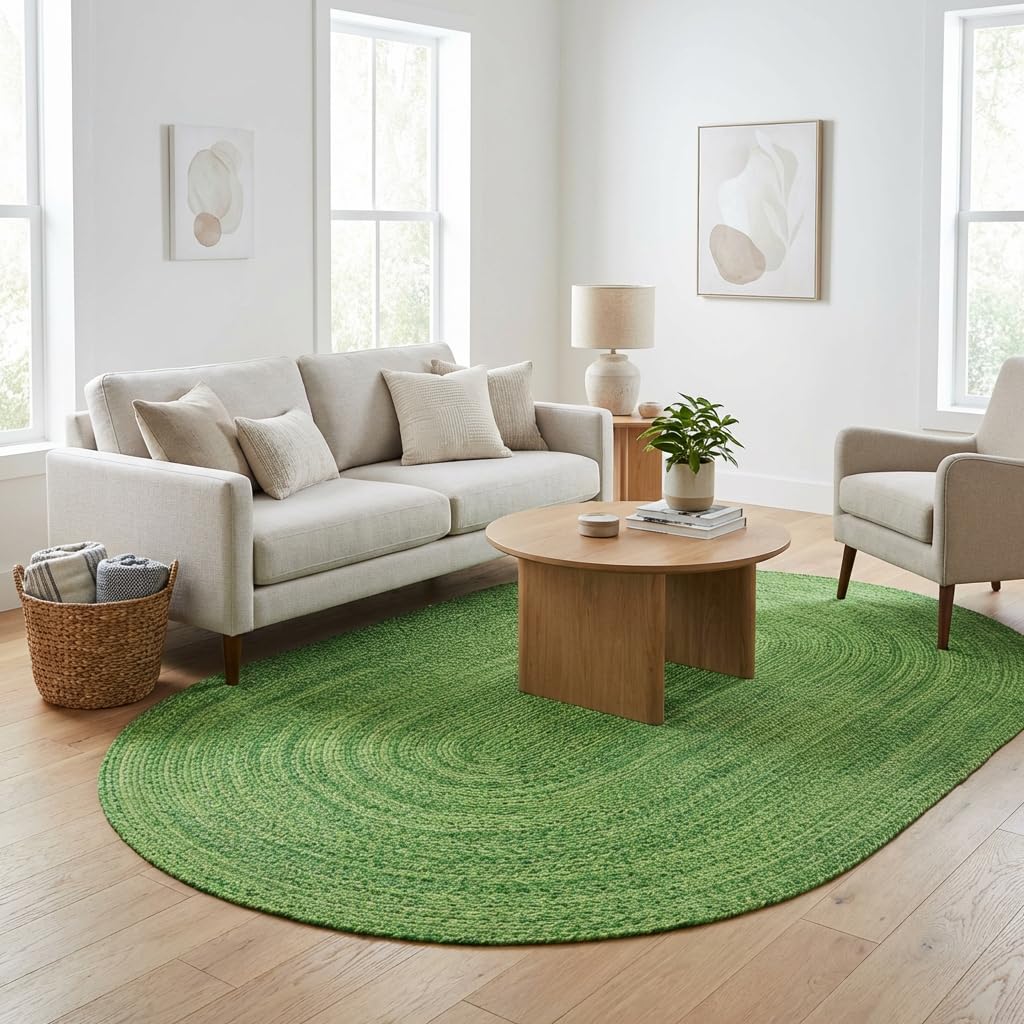 Super Area Rugs Green Braided Rug - Woven Living Room Decor -5x8ft Eco-Friendly Farmhouse Bedroom Woven Construction