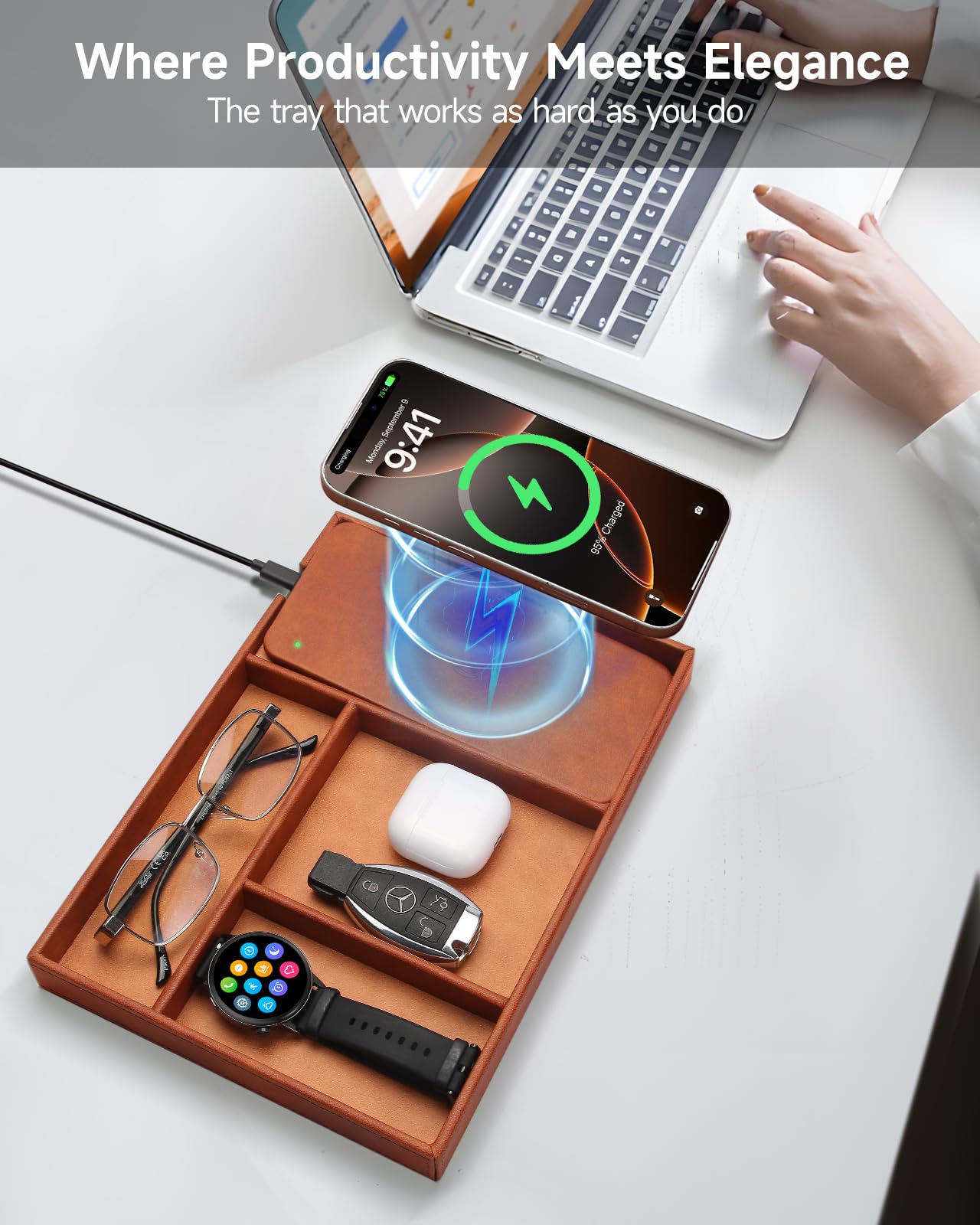 Valet Tray, Built in Wireless Charging Pad, Nightstand Organizer, Two-Toned Premium Vegan Leather Desk Bedside Caddy Organizer Tray for Keys, Watch, Wallet,Jewelry (Brown Patchwork)