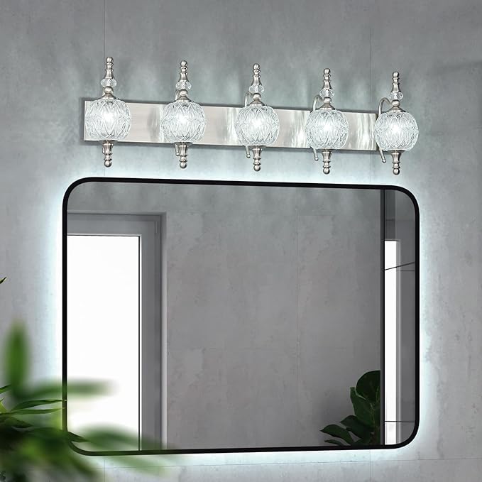 Modern Crystal Bathroom Vanity Lights Fixtures Over Mirror Brushed Nickel Vintage 5-Lights 36 Inch Bathroom Light Fixtures Glass Crystal Vanity Lights