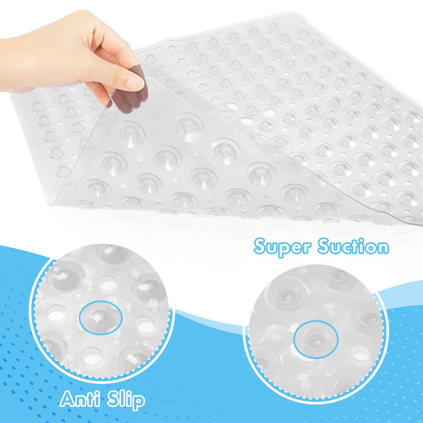 AmazerBath Shower Mat Non Slip 21 x 21 Inches, Square Shower Mat with Suction Cups and Drain Holes, Shower Stall Mat Machine Washable (Clear)