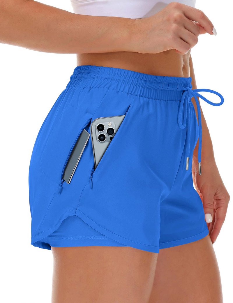 Mancreda Women's Running Shorts with Liner 3 Zipper Pockets Elastic Workout Athletic Gym Yoga Shorts(RB,M)