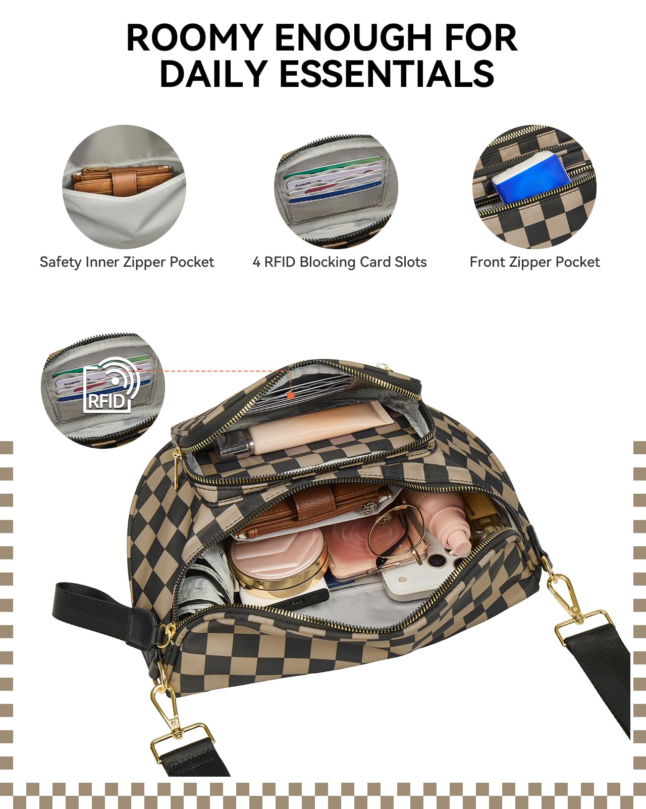 BOSTANTEN Crossbody Bags for Women Cross Body Purse Checkered Bum Bag, Large Diaper Purse for Moms, Perfect for Work/Travel