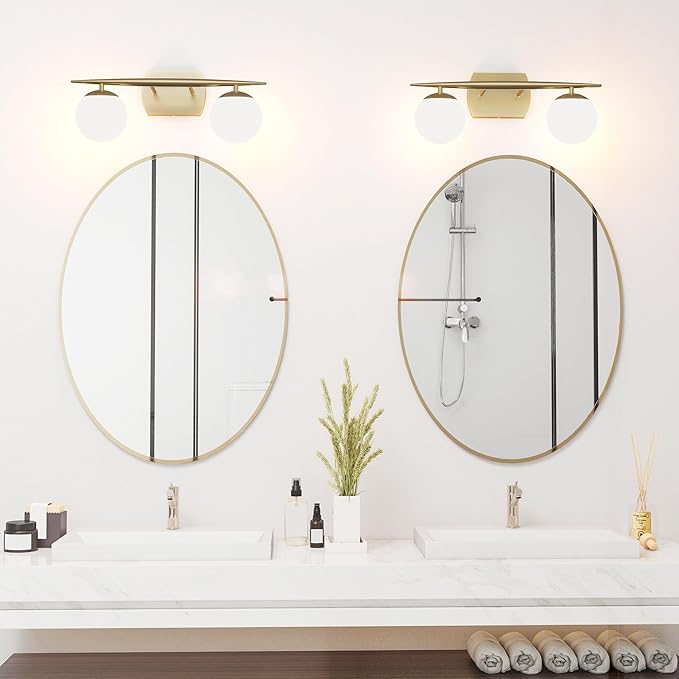 Gold Vanity Lights for Bathroom, 2-Light 20 Inch Bathroom Lighting Fixtures over Mirror with Milky White Frosted Glass Shades, Wall Sconces for Bathroom, Bedroom, Living Room(G9 Bulb not Included)