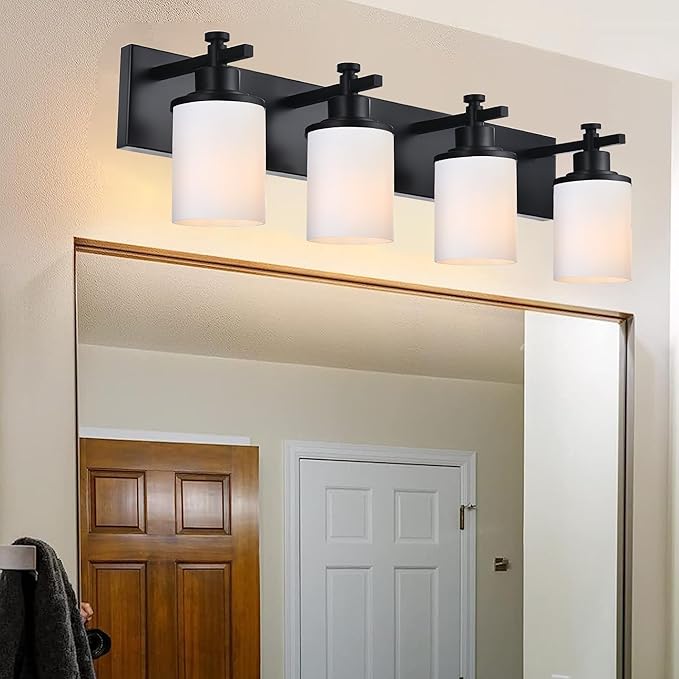 MELUCEE 4-Light Black Bathroom Light Fixture, Modern Bathroom Vanity Lights Over Mirror with Milky White Glass Shade, Farmhouse Wall Mounted Lamp for Dressing Room Living Room Hallway