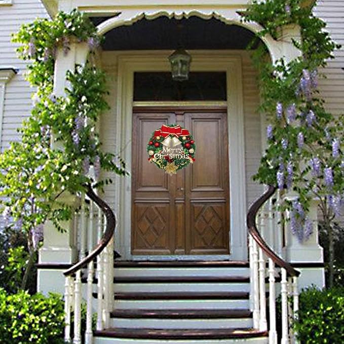 H&W Small Christmas Wreath (11.8 Inch / 30 cm) for Front Door Wall Windows Artificial Poinsettia Xmas Decoration with Tinkle Bell Bowknot and Small Ornaments (MC7-D1)