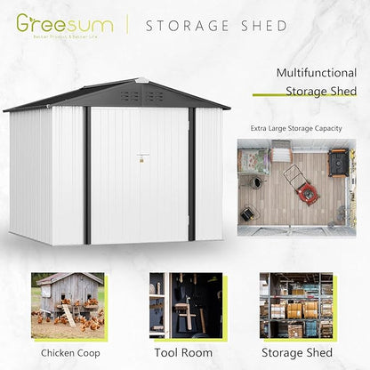 Greesum 8x6FT Outdoor Storage Shed, Utility Tool Shed Metal Storage Garden Shed with Door & Lock for Patio Storage, White