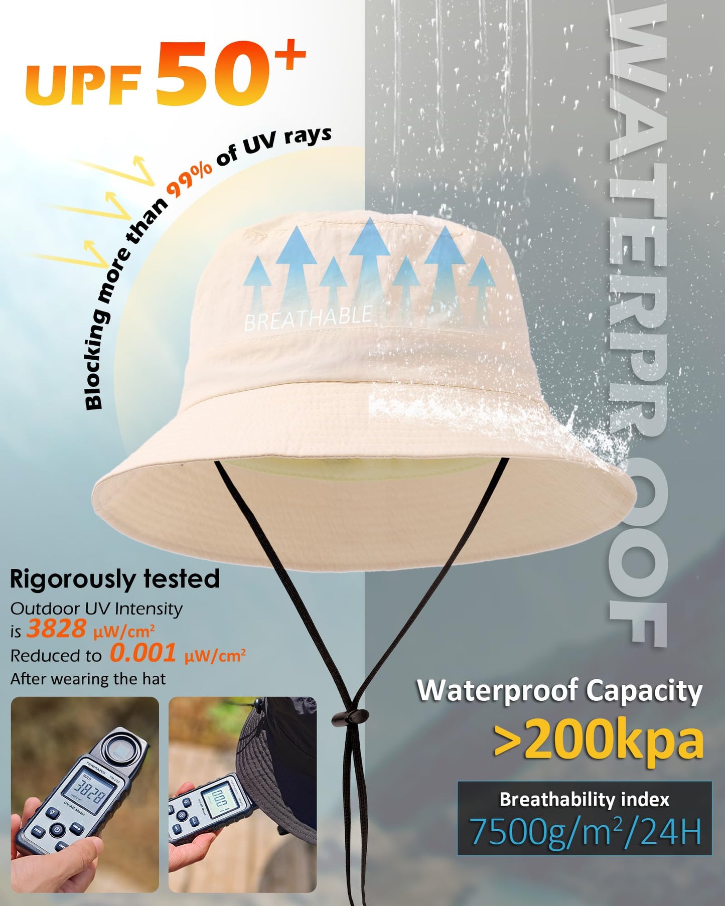 Water-Resistant Bucket Hat for Women Men Rain Hat UPF 50+ Boonie Sun Hat Foldable Summer Floppy Fishing Safari Hats Light Beige