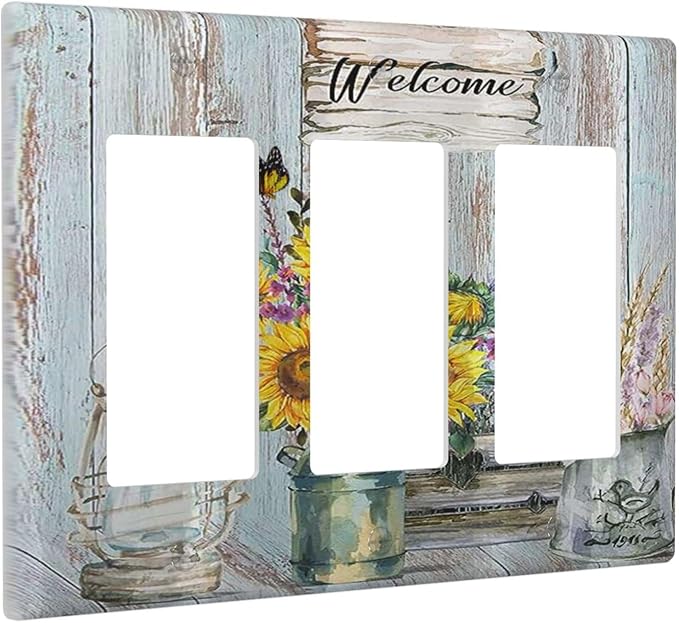 Sunflower Vintage Barn Wooden Triple Rocker Light Switch Covers Sun floral 3 Gang Outlet Wall Plate Cover Decorative Switchplate Faceplate GFCI Farmhouse Home Livingroom Decor