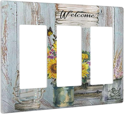 Sunflower Vintage Barn Wooden Triple Rocker Light Switch Covers Sun floral 3 Gang Outlet Wall Plate Cover Decorative Switchplate Faceplate GFCI Farmhouse Home Livingroom Decor