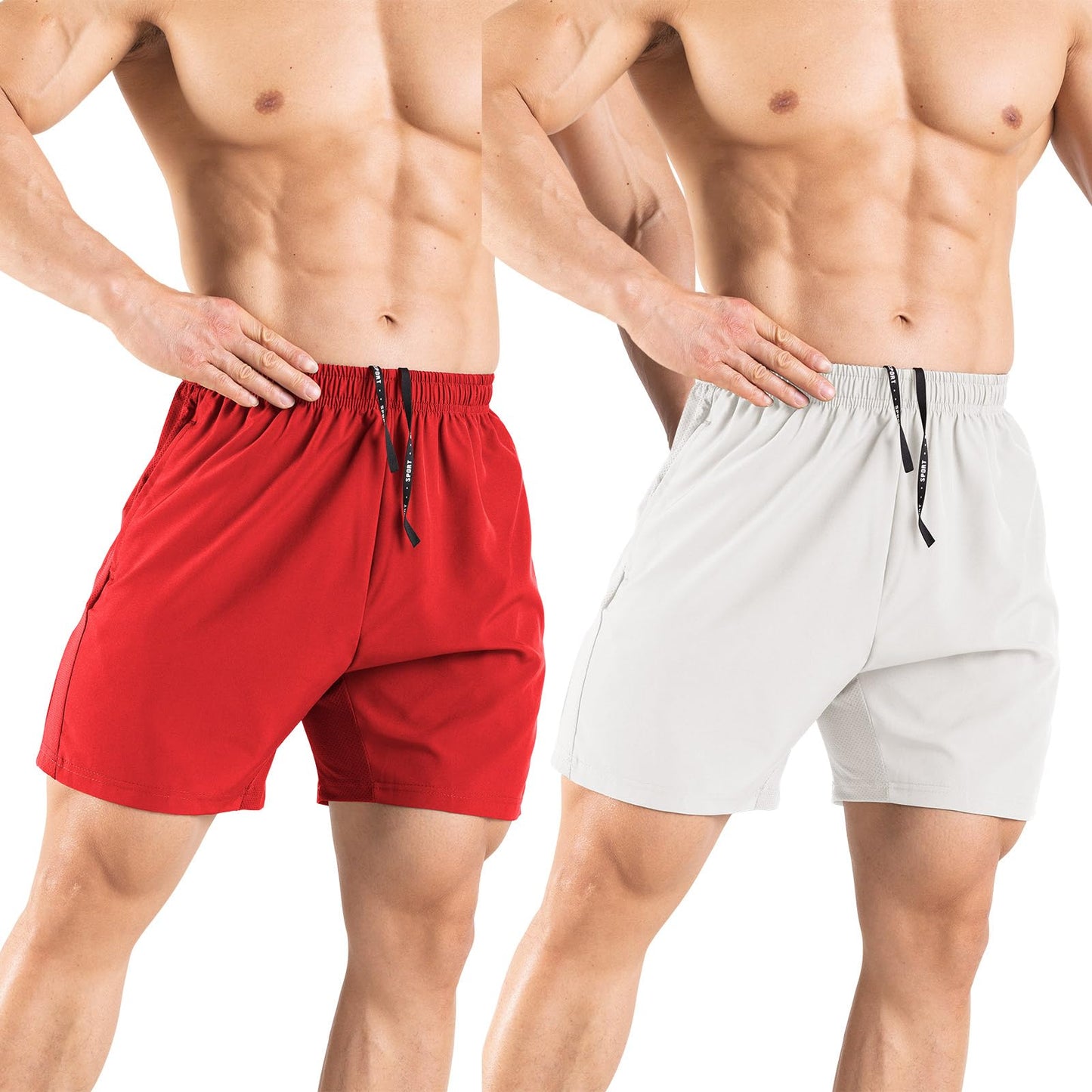 Gaglg Men's 5" Running Shorts 2 Pack Quick Dry Athletic Workout Gym Shorts with Zipper Pockets White/Red,Small