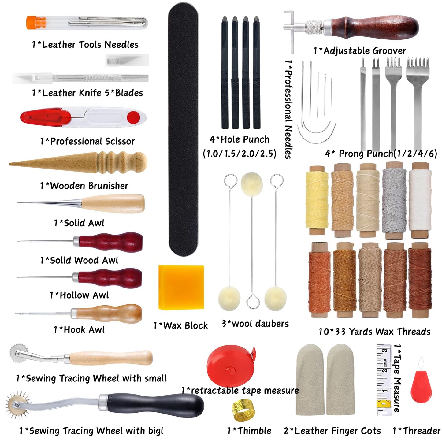 FNV Leather Sewing kit, Leather Stitch with Waxed Thread, Needles, Awls and Hand Stitching Tools. Suitable for Adults DIY Gifts, Home DIY Work.