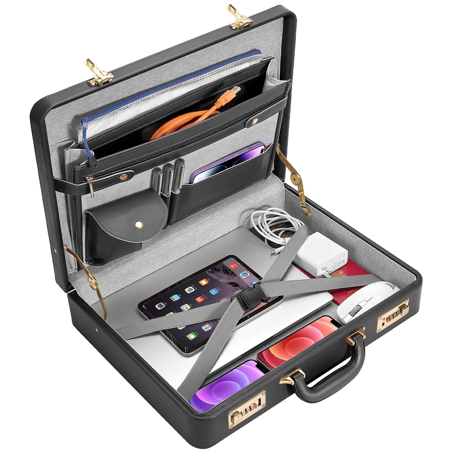 Briefcases for Men, Anti-Theft Dual Lock,16 Inch Laptop Compartment, Waterproof Faux Leather & Multi File Organizer, Professional Business Bag for Office, Work & Travel【Black]