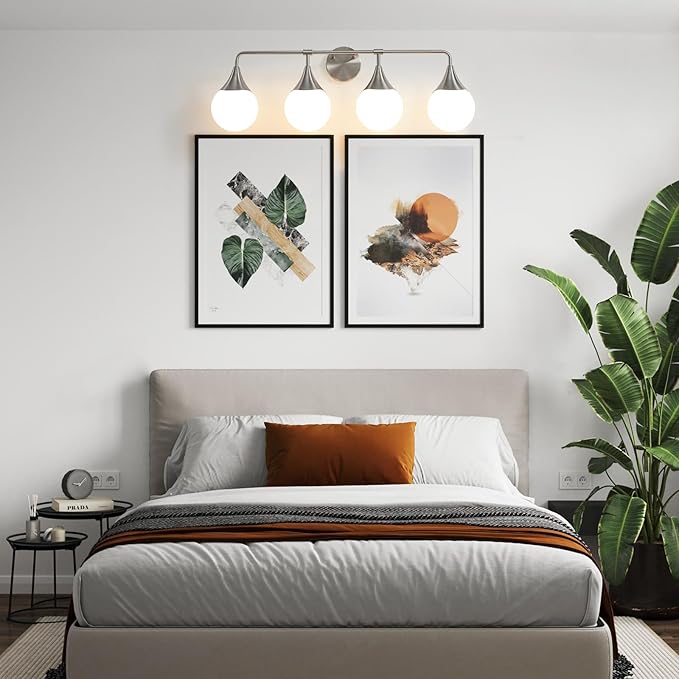 Bathroom Vanity Light Fixtures: 4 Lights Mid Century Modern Bathroom Lighting Fixtures Over Mirrors - Brushed Nickel Wall Sconce with Milky Glass Ball Shades for Bath Bedroom