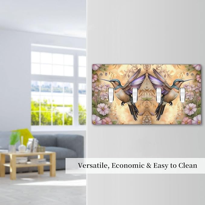 Decorative Art Light Switch Covers Blossom & Hummingbird Quad Toggle 4 Gang Wall Plate Switch plate Electrical Faceplate for Home Decor