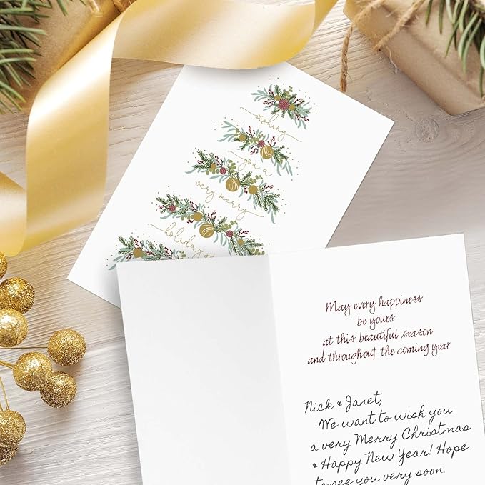 Between The Branches Gold Foil Holiday Cards / 16 Boxed Christmas Cards With Foil Lined Envelopes / 5 5/8" x 7 7/8" Folded Seasonal Winter Tree Greeting Cards With Inside Verse