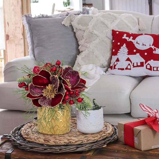 12 inch Red Christmas Table Centerpiece 5" Glitter Magnolia Flower and Red Berries Fir Greenery Artificial Christmas Floral Centerpiece in Golden Ceramic Pot Christmas Tabletop Arrangement Decor