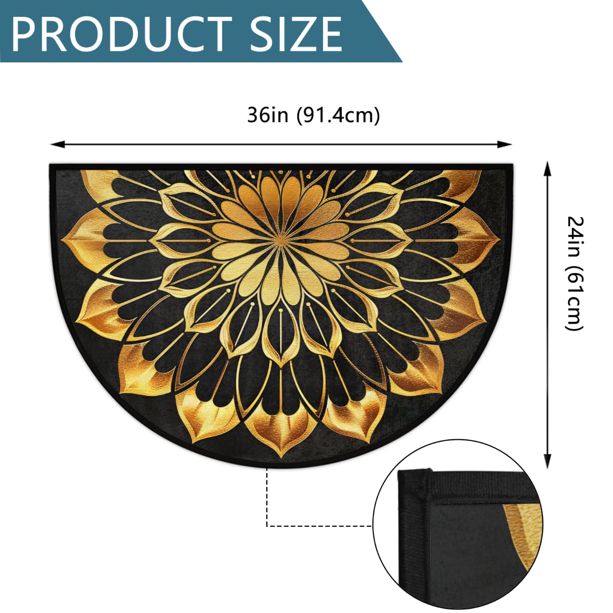 Half Round Doormat Mandala Ethnic Gold Florals Non Slip Half Circle Area Rugs Indoor Washable Half Moon Rug Semi Circle Bathroom Runner Mat Entrance Floor Carpet for Kithen Bedroom Fireplace Decor