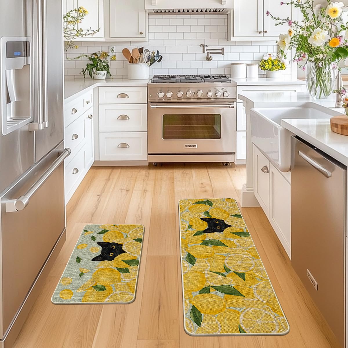 Artoid Mode Lemon Black Cat Summer Kitchen Mats Set of 2, Seasonal Low-Profile Home Decor Kitchen Rugs for Floor - 17x29 and 17x47 Inch