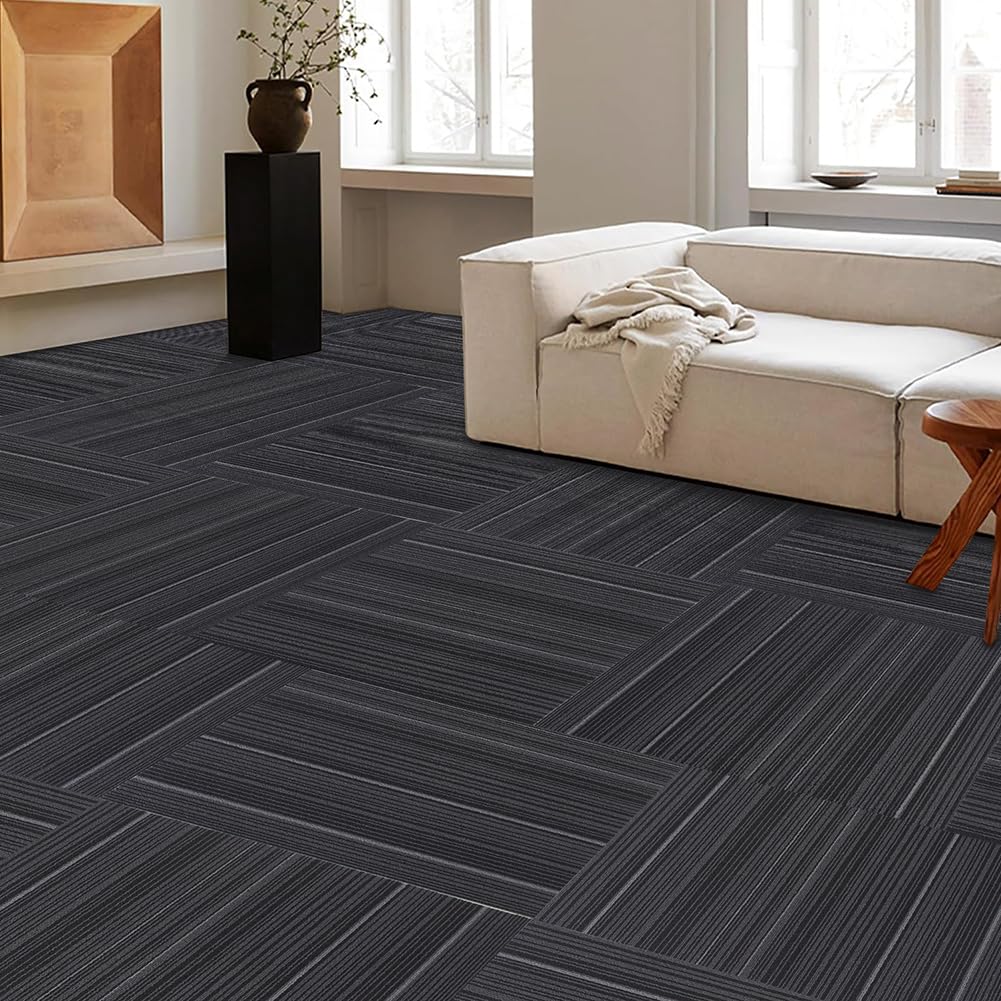 Boshuele 24 inch x 24 inch Carpet Tiles upholstered Non-Slip Carpet Squares Reusable Easy to Install Indoor and Outdoor Office Home Decor Flooring (Black, 18 PCS)