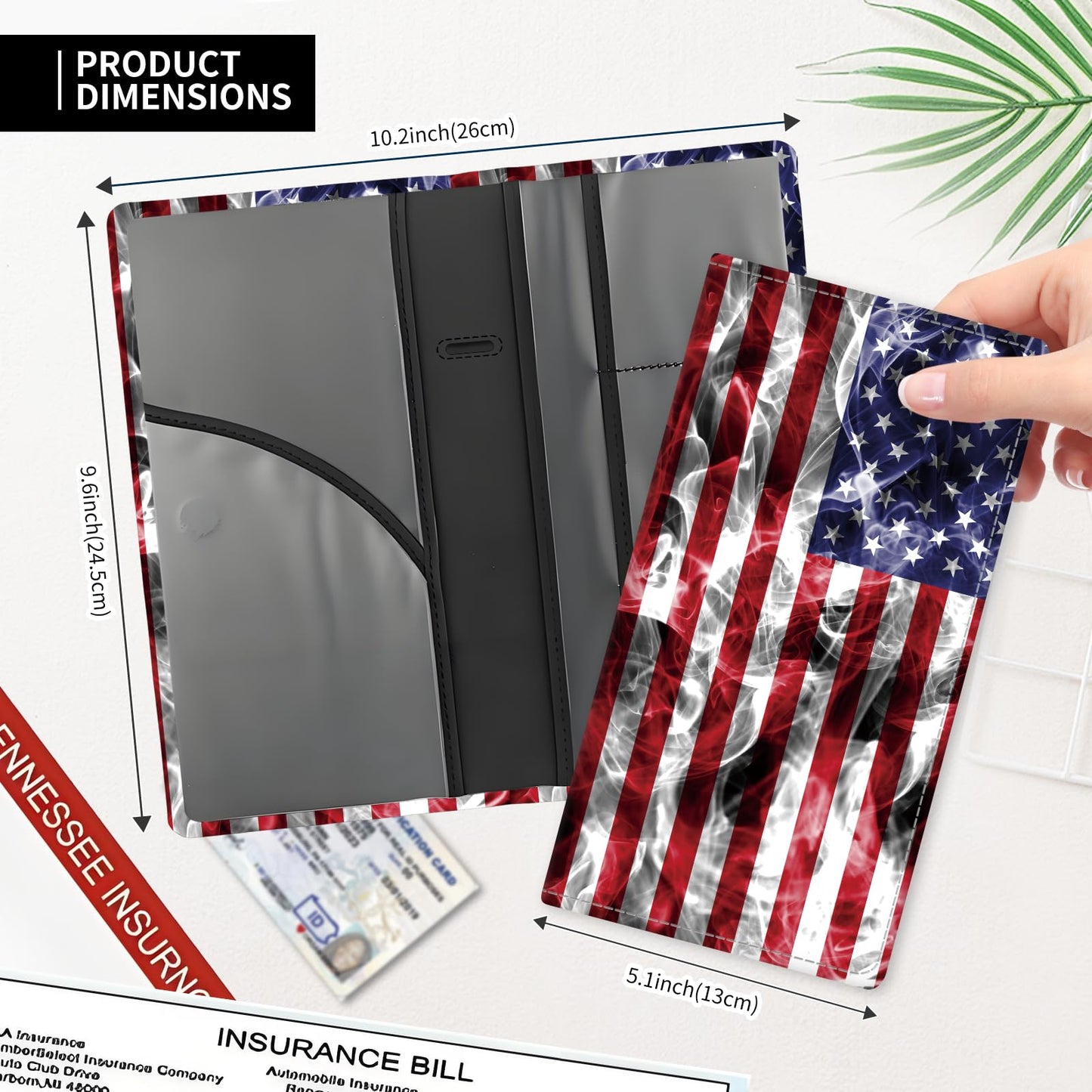 ADUQLZUX Leather Car Registration and Insurance Card Holder, Cute Car Accessories Vehicle Glove Box Car Organizer for Documents, Cards, License Retro American Flag