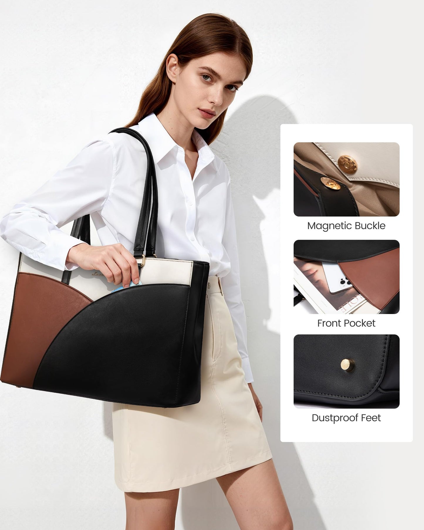 LOVEVOOK Laptop Bag for Women,15.6 Inch Work Teacher Bags Leather Tote Bag Briefcase Waterproof Computer Bag for Women，Black-White-Brown