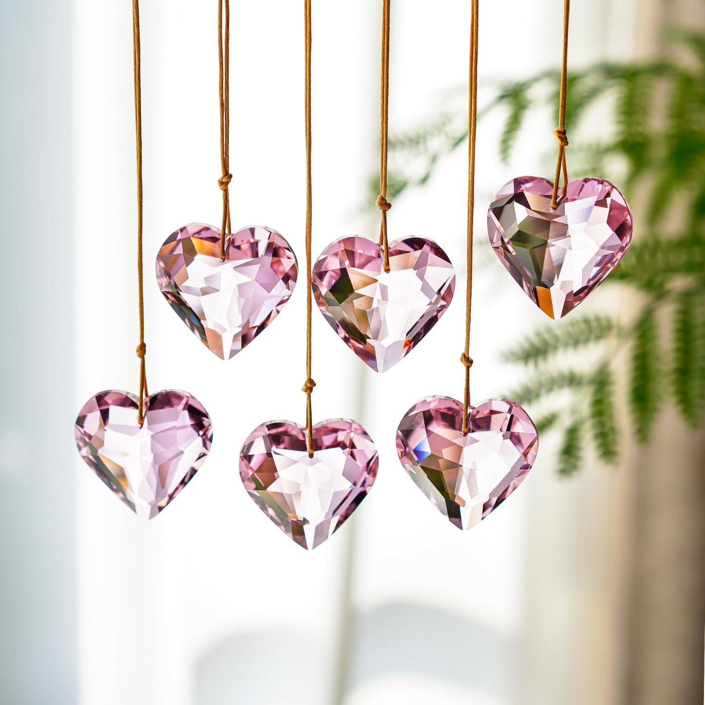 H&D HYALINE & DORA 6pcs Pink Heart Crystal Ornaments Valentine's Day Heart Shaped Ornaments Rainbow Hanging Crystals Ornament Pendant for Window, Wedding Decoration