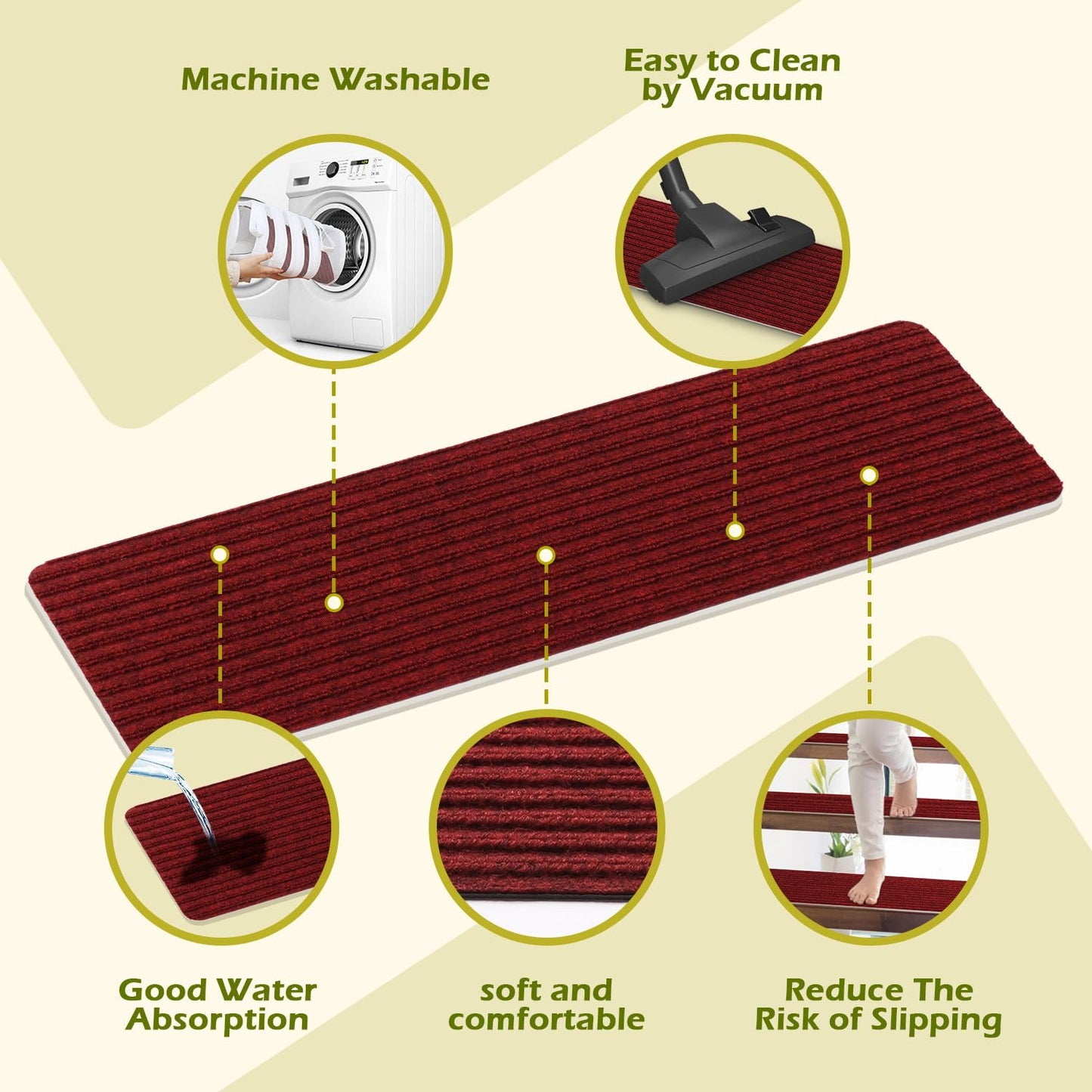 Antdle Carpet Stair Treads for Wooden Steps Non-Slip Indoor 16pcs 8x30inch Safety Rug Slip Resistant Indoor Runner for Kids Elders and Pets with Reusable Adhesive,Dark Red