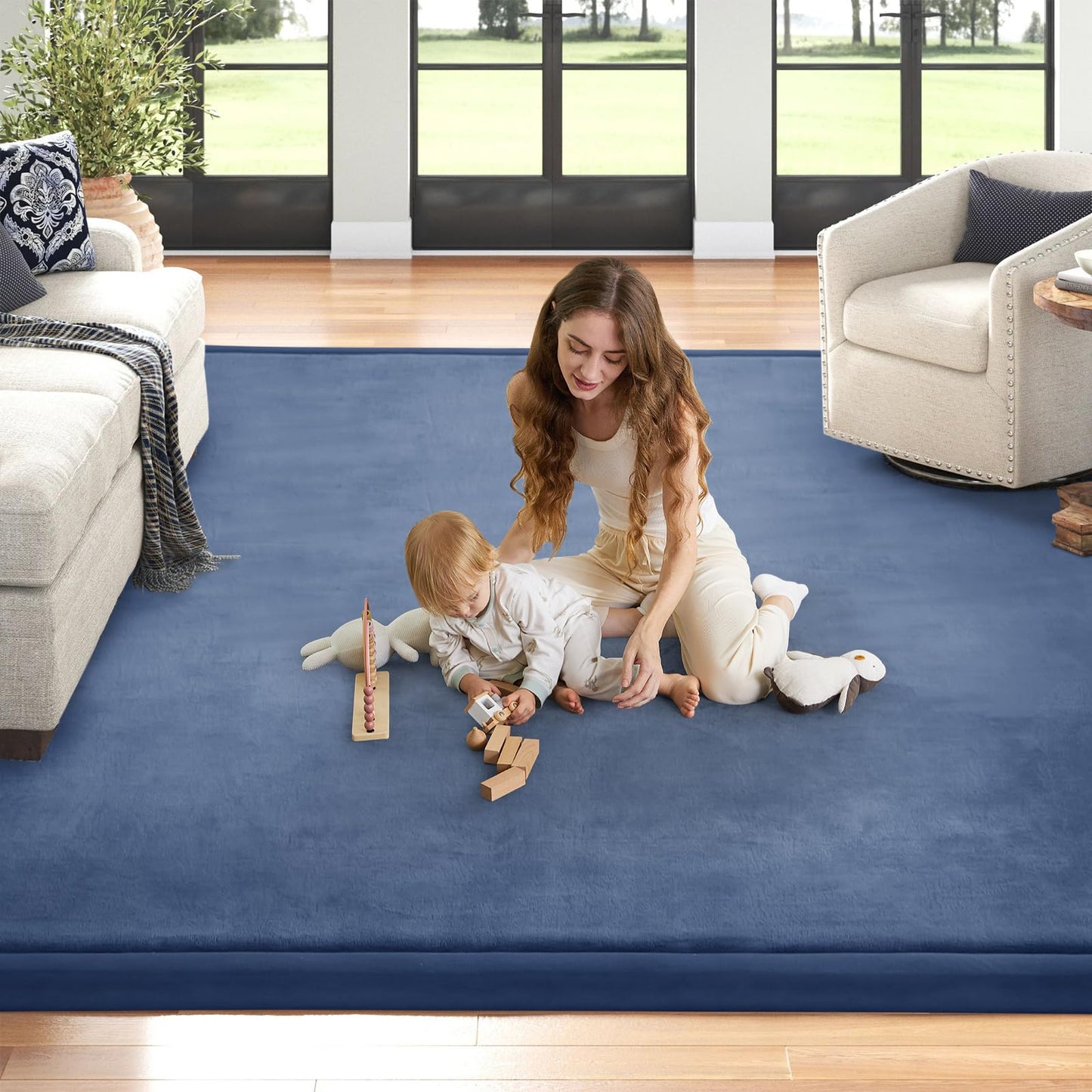 ILPEOD Baby Play Mat for Floor Nursery Rug Muscle Mat Area Rug Playroom Rug 79"x158" Playpen Mat Elastic Foam 1.3" Thick Crawling Mat for Babies,Toddlers, Infants, Kids,Sapphire Blue