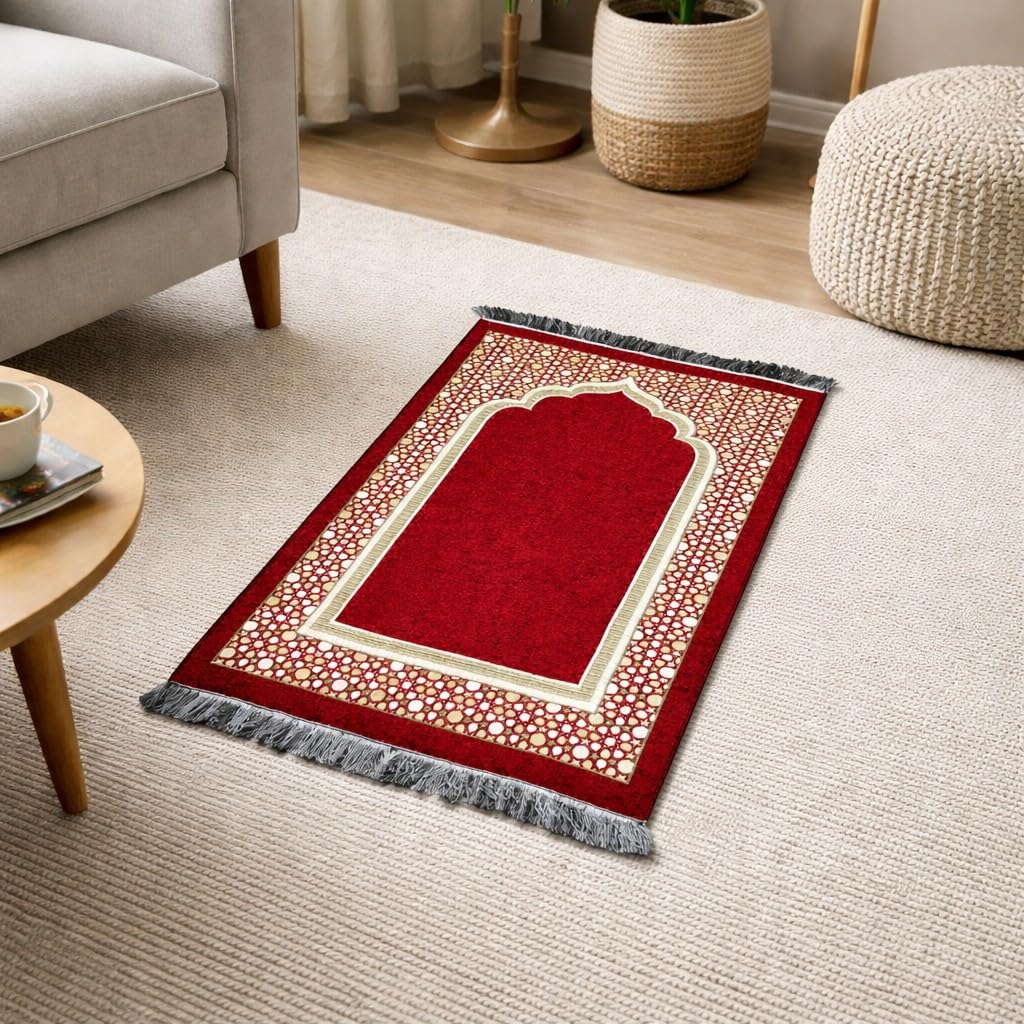 Modefa Turkish Islamic Prayer Mat - Thin Woven Chenille Sajjadah - Intricate Praying Rug Ramadan Eid Gift - Traditional Muslim Janamaz Sajada for Men Women - Geometric Selcuk Star (Red)