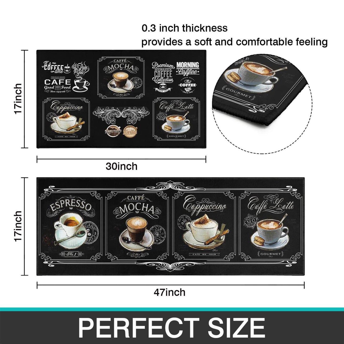 Faptoena Black Coffee Kitchen Rugs and Mats Set of 2 Coffee Cup Latte Mocha Art Decoration Non Slip Super Absorbent Kitchen Sink Mats Waterproof and Washable Runner Rugs for Laundry Room