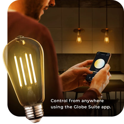 GLOBE Electric 34919 Wi-Fi Smart 5.5W (60W Equivalent) Straight Filament Tunable White Amber Glass LED Light Bulb, No Hub Required, Voice Activated, 2000K - 5000K, Vintage Edison Style, 500 Lumns