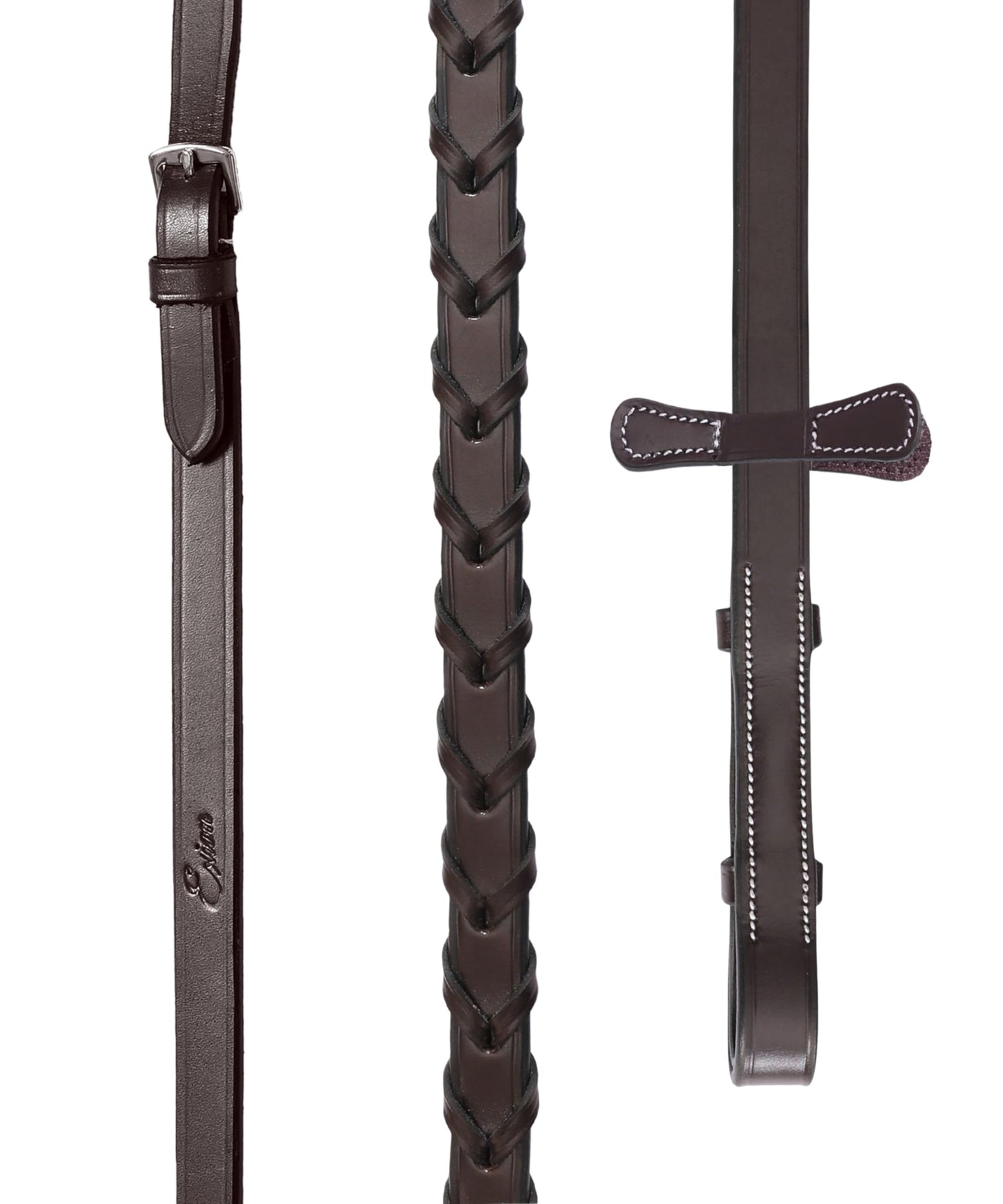 Exion Hunter Anatomic English Bridle – Padded Fancy Stitched Leather Bridle with Rubber Reins – Ergonomic Poll Relief Crownpiece for Jumping & Eventing – Stainless Steel – Havana Brown