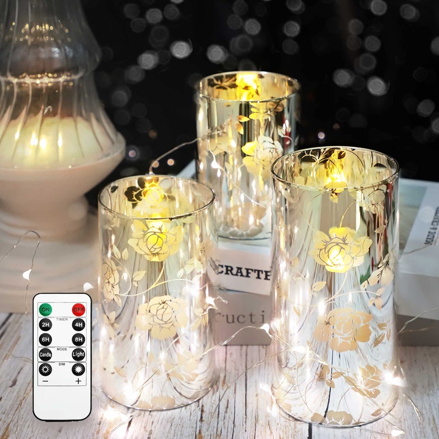 Floral Glass Flameless Candles Rose Romantic Battery Operated Candles with Remote Flickering LED Silver Real Wax Pillar Candle for Valentine's Day Wedding Party Home Christmas Decor, Set of 3