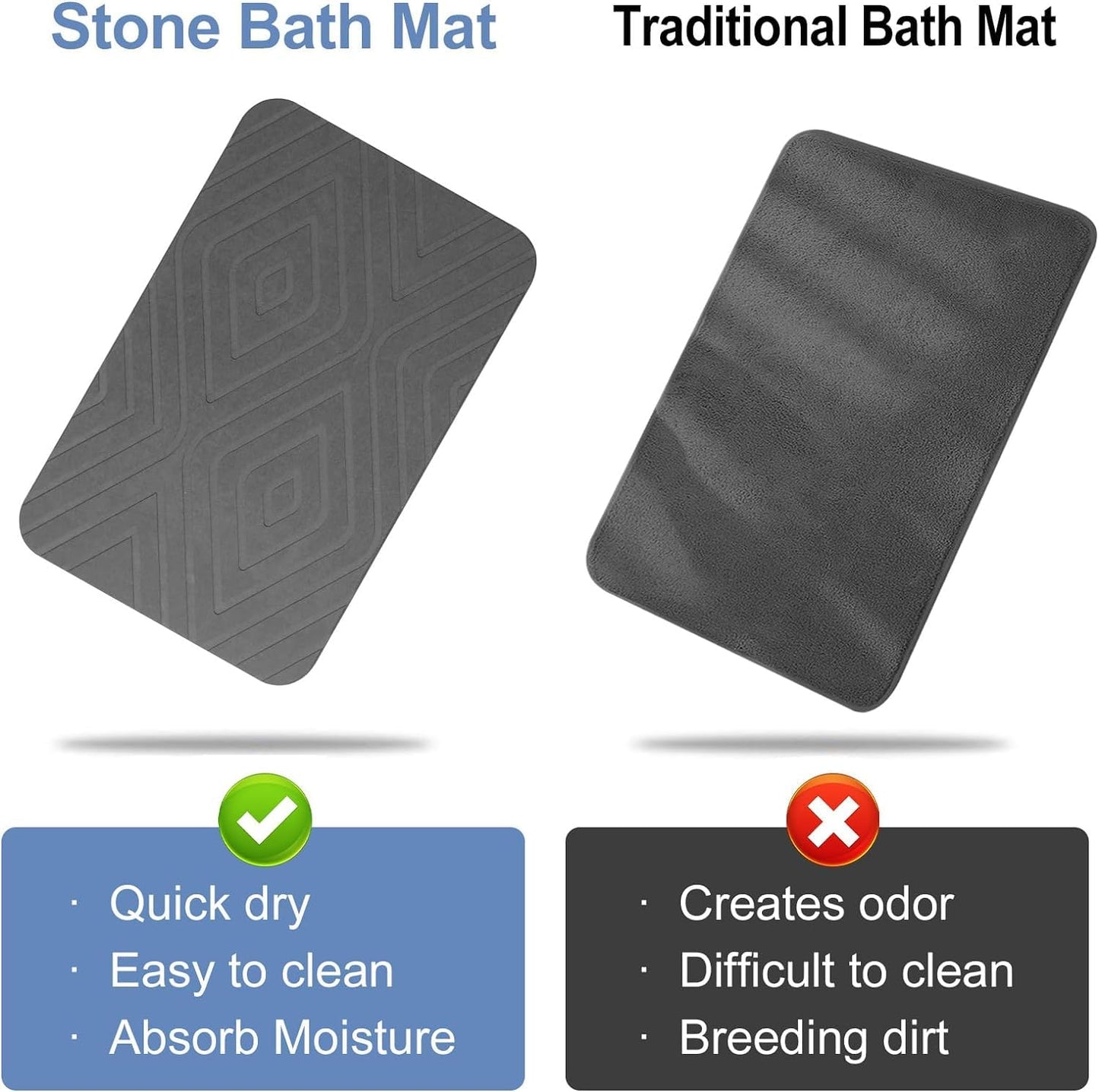 HUMIGA 2 Pack Stone Bath Mat, Diatomaceous Earth Shower Mat, Non-Slip Super Absorbent Quick Drying Bathroom Kitchen Floor Mat, 24x15, Grey