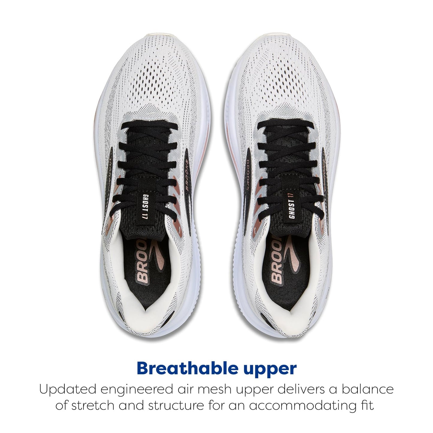 Brooks Women’s Ghost 17 Neutral Running Shoe - White/Black/Rose Gold - 6.5 Wide