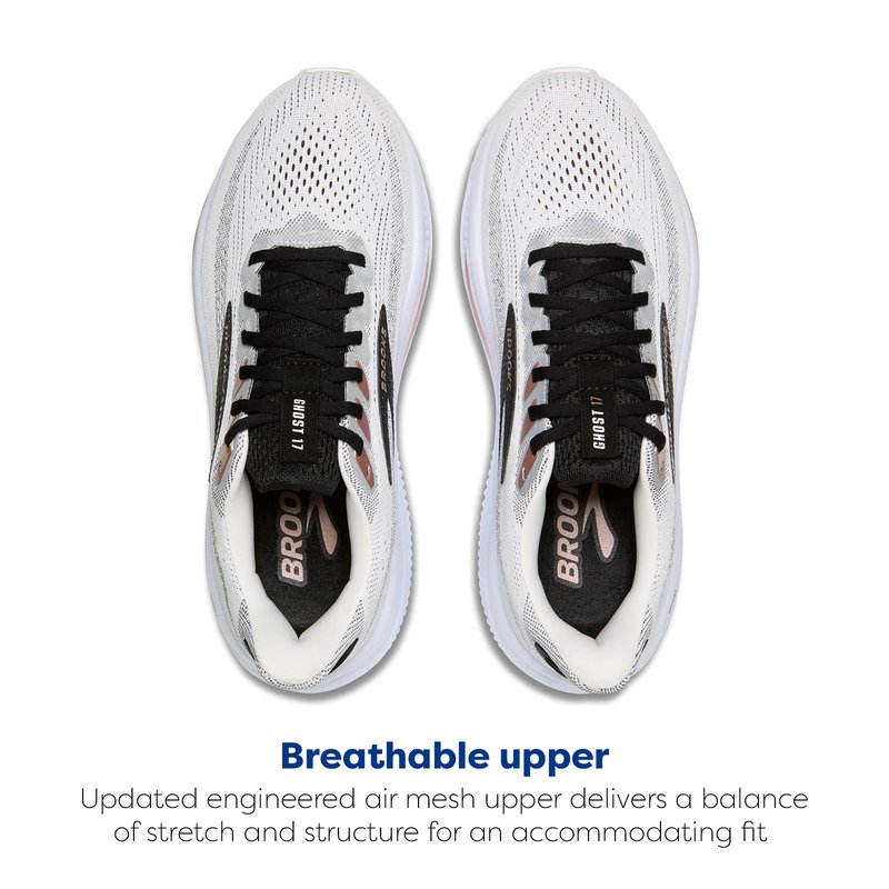 Brooks Women’s Ghost 17 Neutral Running Shoe - White/Black/Rose Gold - 8.5 Wide