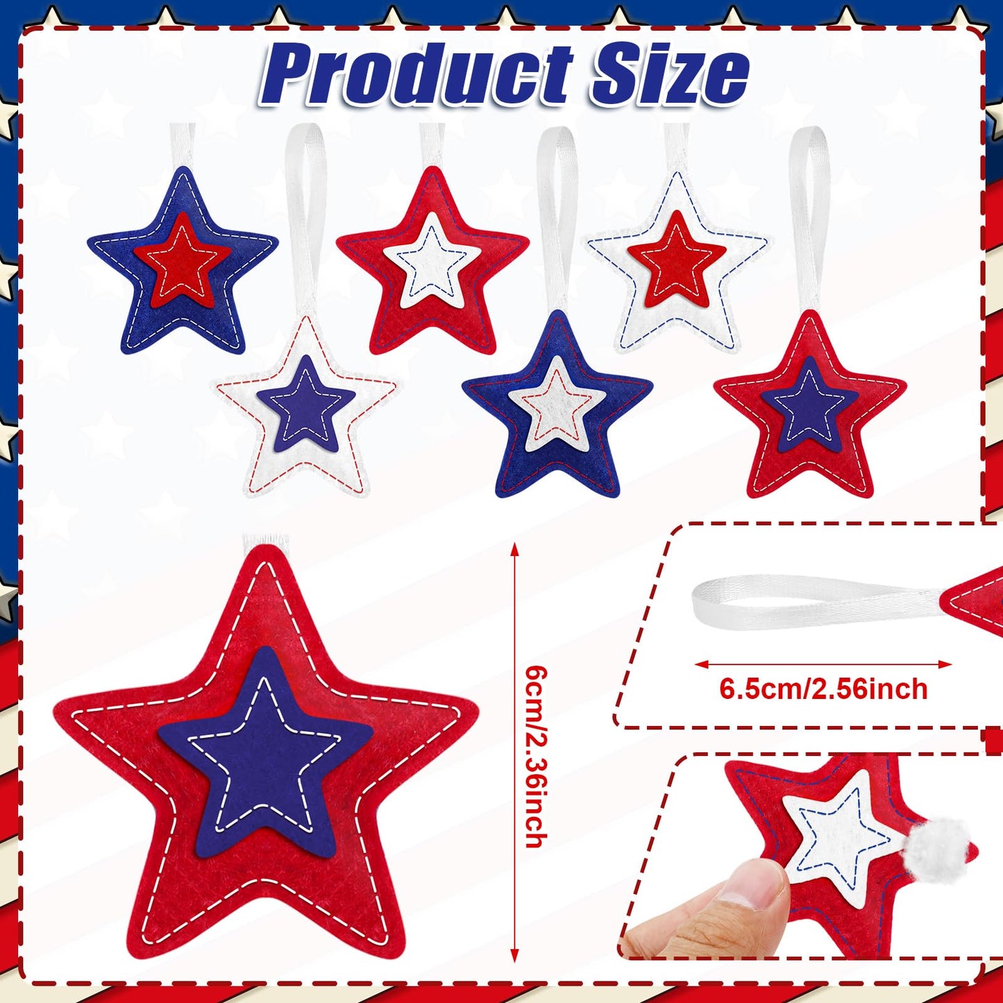 JANSUN Patriotic 4th of July Felt Star Ornaments 30 Pack Tree Hanging Star