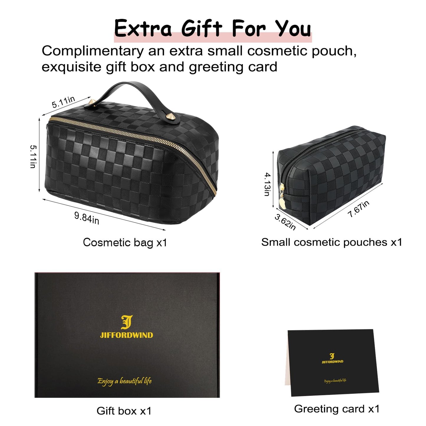 Checkered Travel Makeup Bags Cosmetic Organizer Bag: 2-Set Large Capacity Waterproof Makeup Bag - PU Leather Toiletry Bag for Women - Wide Open Portable Pouch with Handle and Divider (BLACK)