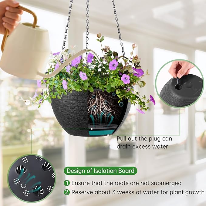 Set of 2 8 Inch Self Watering Hanging Planters for Indoor Outdoor Plants, Light Textured Hanging Baskets Flower Pots with Drainage Hole & Plug and 20" Chain Hanger