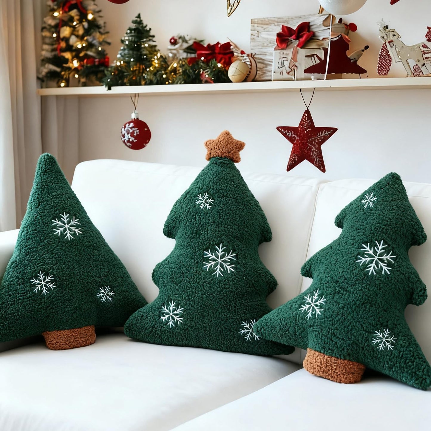 LARMOY 3 Pcs Christmas Tree Throw Pillows, 16" Cute Plush Stuffed Xmas Tree Shaped Decorative Pillows with Snowflake for Bedroom Outdoor Sofa Couch Home Winter Party Cushion Decorations