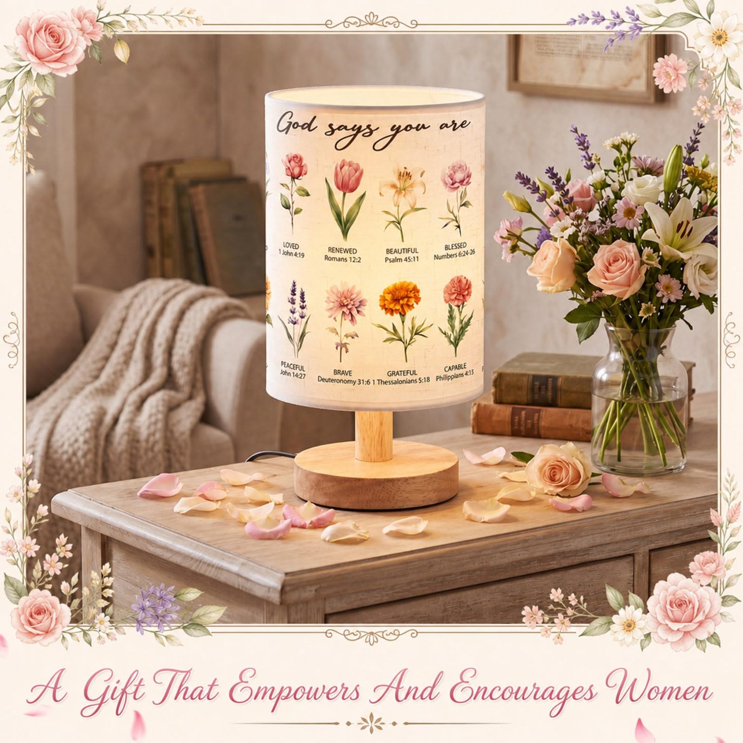 Gerrii Christian Gifts for Women Floral Table Lamp with Bible Verses, 9.6" Small Boho Bedside Lamp with Wooden Base, Religious Room Decor for Mom Friends Birthday Christmas