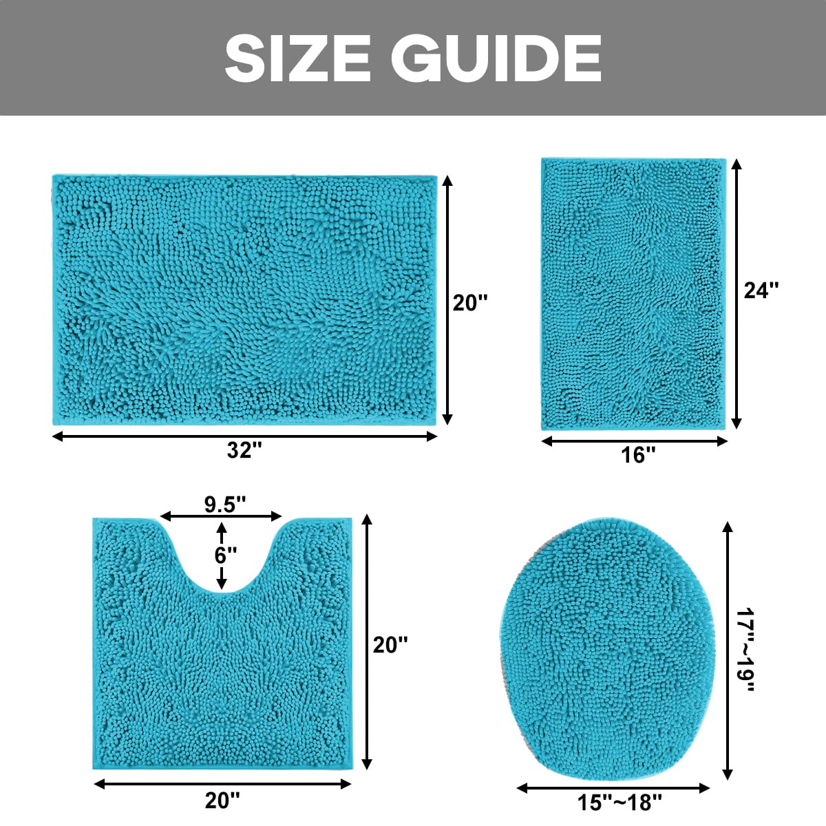 RUN HELIX Teal Bathroom Rug Set - 4 Piece with Toilet Lid Cover, Non Slip Mats, Extra Soft Chenille, Absorbent Shaggy, Perfect Plush U-Shaped Toilet Rug