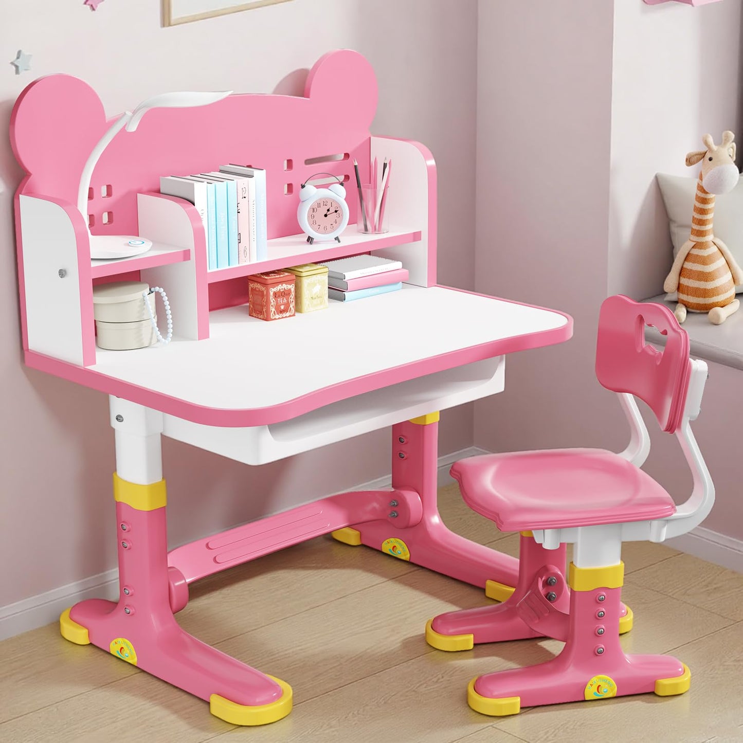 Xaperexi Kids Desk and Chair Set, Height Adjustable Child's School Study Writing Tables, Kids Desk with Bookstand and Storage Drawer, Widened Desktop with Desktop for Boys and Girls (Pink-F)