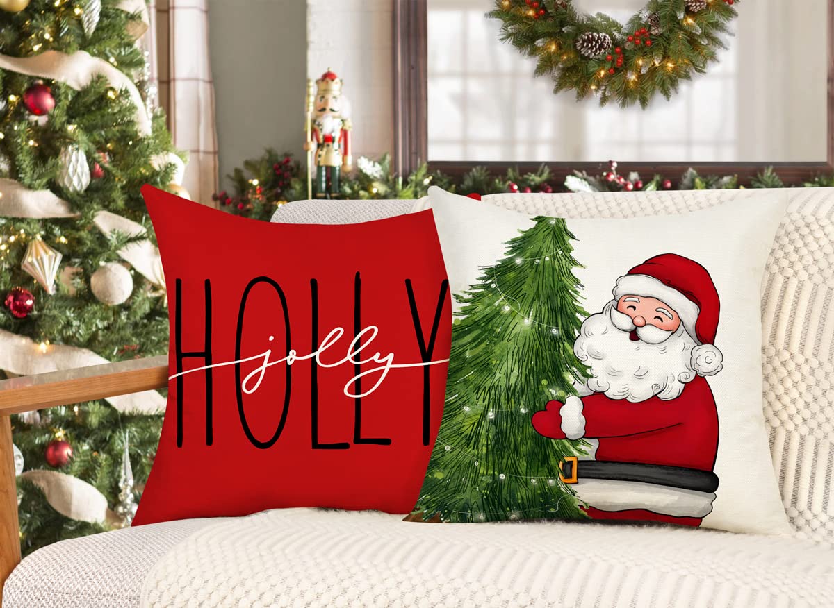 Red Christmas Pillow Covers 18x18 Set of 4 - Farmhouse Decorations With Snowman, Wreath, Santa Claus, Tree - Merry Christmas Holly Jolly Winter Holiday Decor Throw Cushion Case for Home Couch S22C17